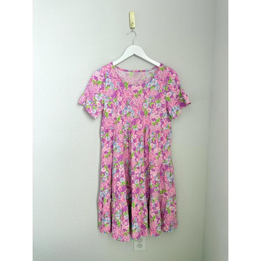 Lilly Pulitzer Pink Multicolor Floral Short-Sleeve Tiered Mini Dress